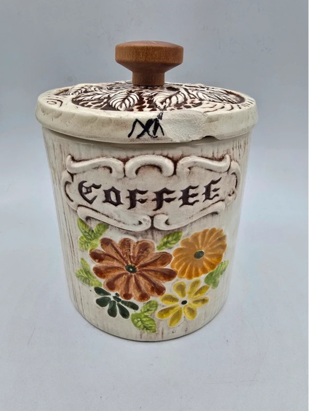 Vintage Treasure Craft ceramic faux-wood grain Coffee canister